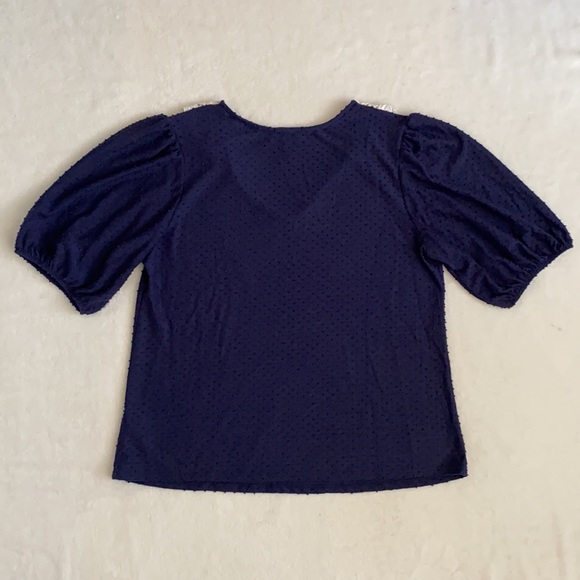 W5 | Pointed Scallop Bib Collar Swiss Dot Short Sleeve Blouse Top Blue/White (L) - Picture 9 of 14